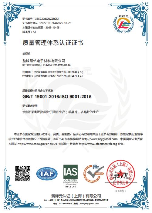 质量管理体系认证证书